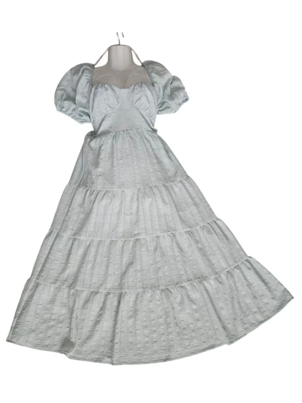 Forever 21 Puff Sleeve Crisscross Tie Back Tiered Skirt Maxi Dress Size Medium - Picture 3 of 13
